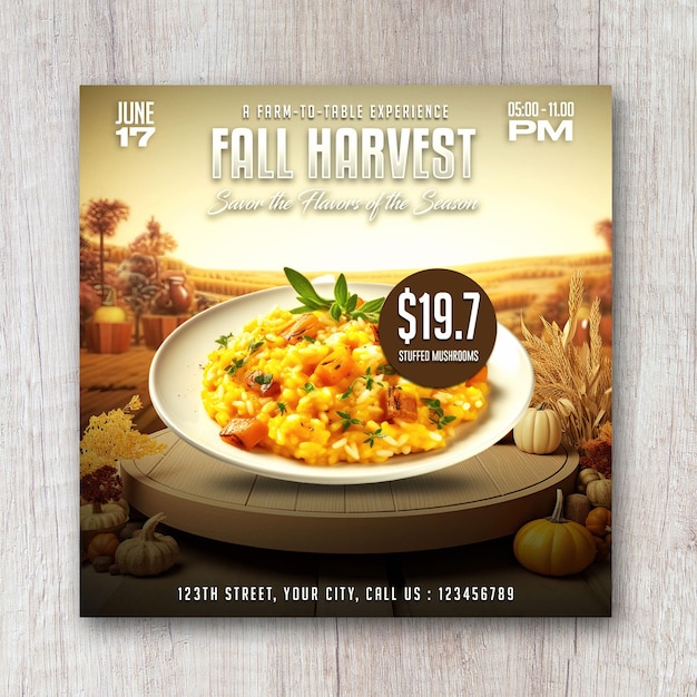 Fall harvest dinner food menu flyer restaurant social media banner