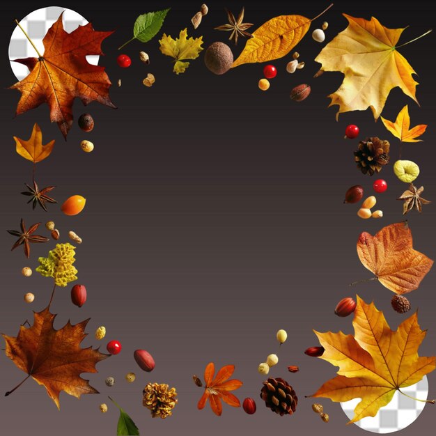 PSD fall leaves pumpkins flowers berries quince nuts isolated on transparent background