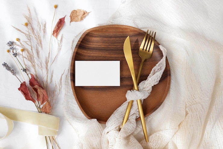PSD fall name card mockup on wooden plate