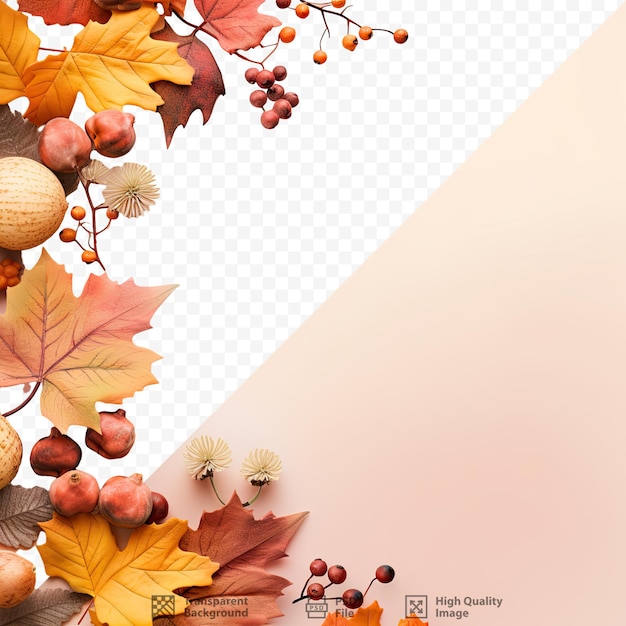 PSD Осенний тематический дизайн с листвой и фруктами на прозрачном фоне. настоящее пустое пространство.