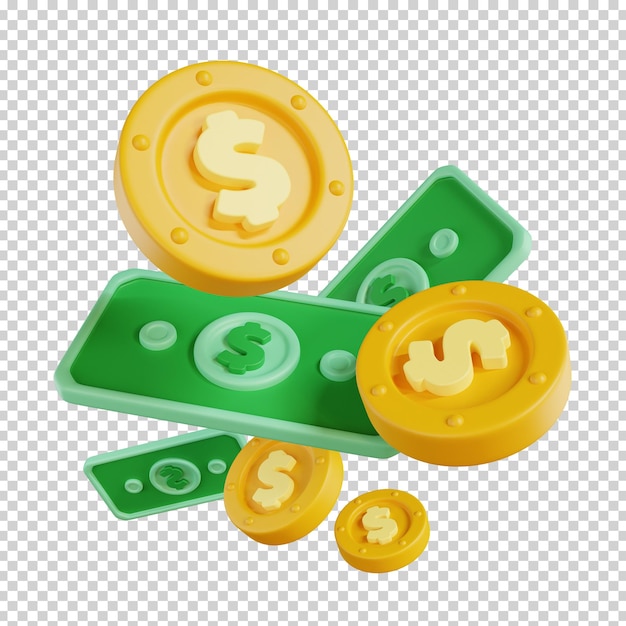 Falling banknotes and coins with US dollar sign isolated Money currency icon 3D render illustration