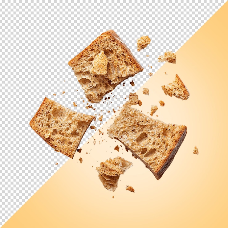 PSD falling broken bread rusks with crumbs isolated on transparent background