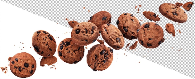 Falling broken chocolate chip cookies isolated on white background