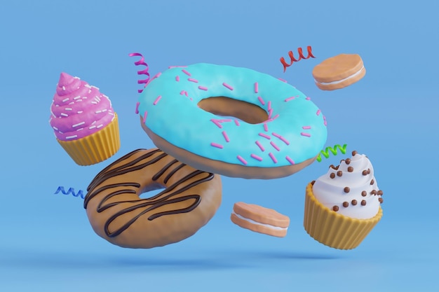 Cupcake e ciambelle che cadono illustrazione 3d di cibo dolce