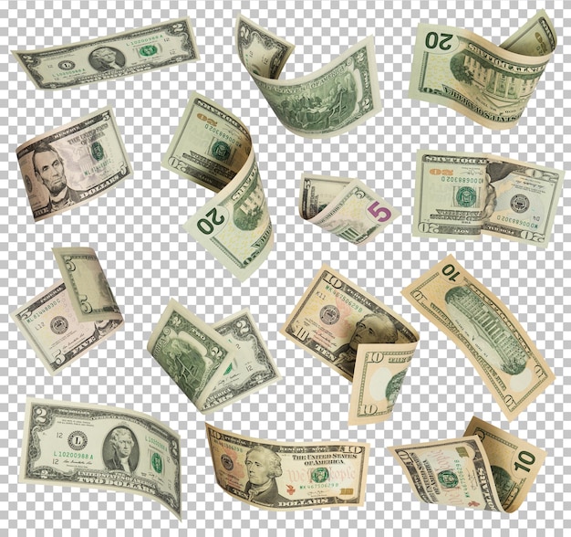 Falling dollars isolated on white background with clipping path