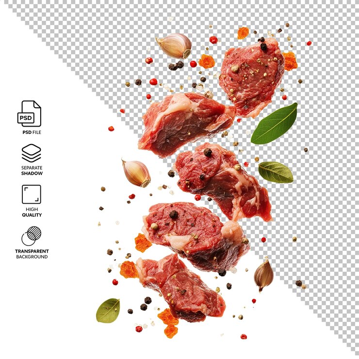 PSD falling down meat steaks flying isolated without background