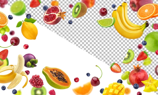 PSD falling fruits and berries, frame made of food ingredients