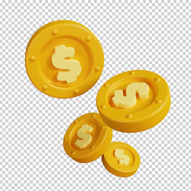 Falling golden coins with US dollar sign isolated Money currency icon 3D render illustration