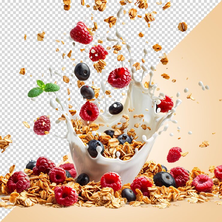 PSD falling granola with milk splash and berries isolated on transparent background