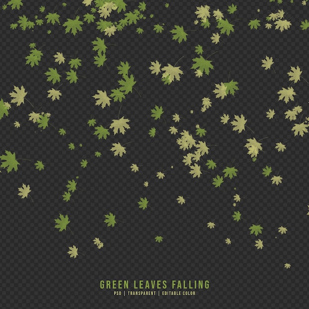 Falling green and dry leaves isolated on transparent background
