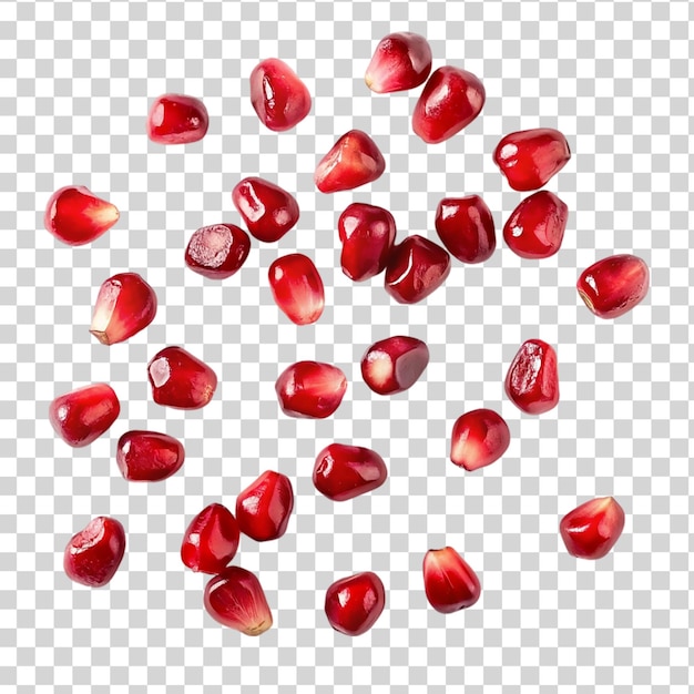 Falling pomegranate seeds isolated on transparent background top view