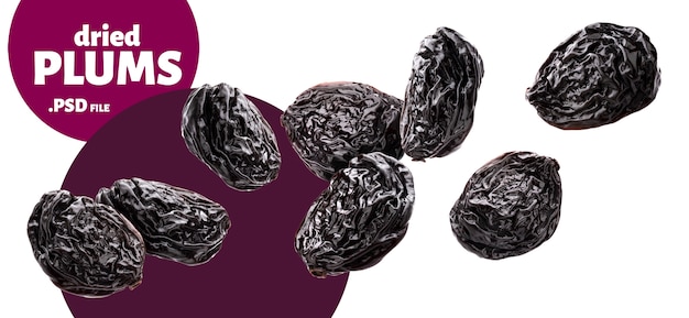 PSD falling prunes isolated, dried plums banner