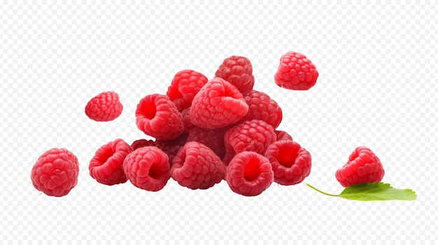 PSD falling raspberry with green leaves isolated on transparent background