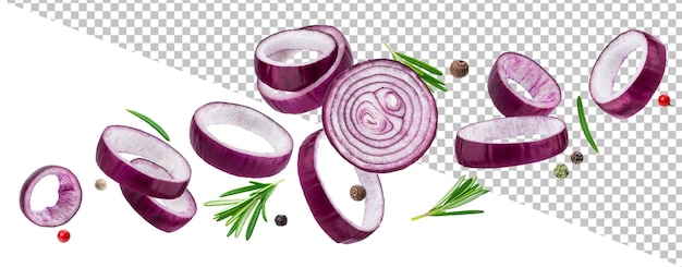 PSD falling sliced red onion rings isolated on white background with clipping path, with herbs and spice