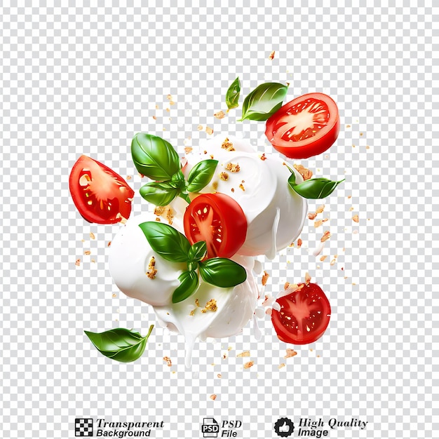 Falling slices of mozzarella tomatoes and basil isolated on transparent background