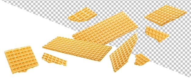 Falling wafer whole and broken crisp waffle bread isolated on white background with clipping path