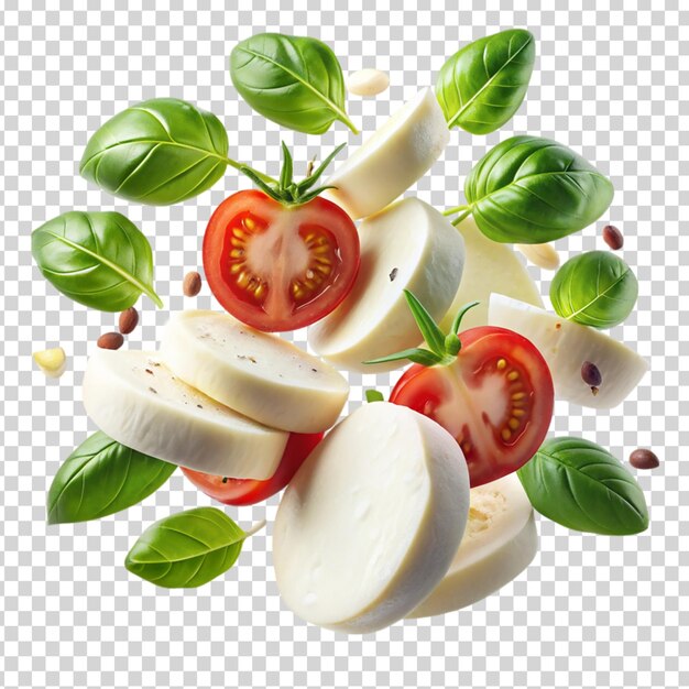 PSD a fallingof vegetables and cheese on transparent background