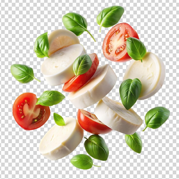 A fallingof vegetables and cheese on transparent background