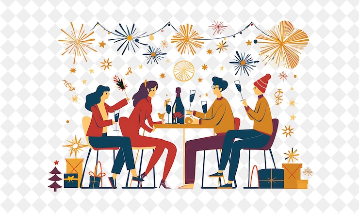 PSD familie geniet van een nieuwjaarsfeest design is feestelijk en plat illustratie festival van de wereld