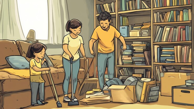 PSD family cleaning and organizing a living room