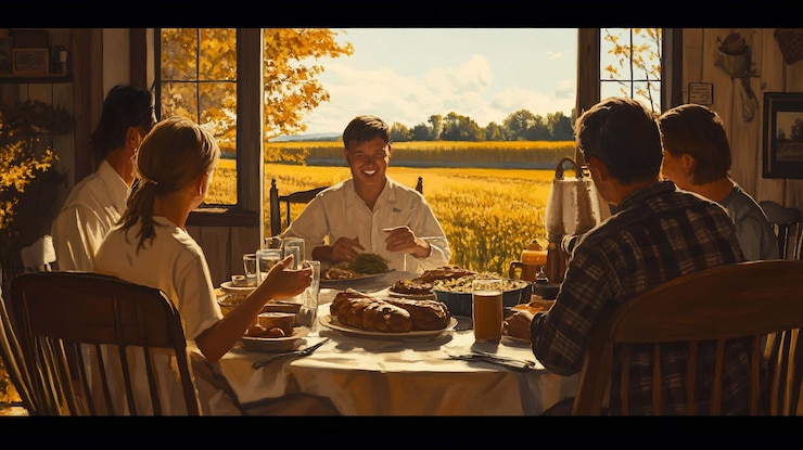 PSD family enjoying a meal in a rustic farmhouse overlooking a golden field