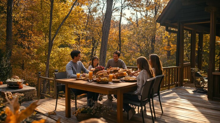 PSD family enjoying thanksgiving dinner on a deck overlooking autumn woods