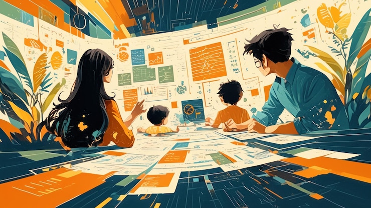 PSD a family of four sits around a table covered in papers and charts working together they appear to be collaborating on a project or business venture surrounded by data charts and graphs