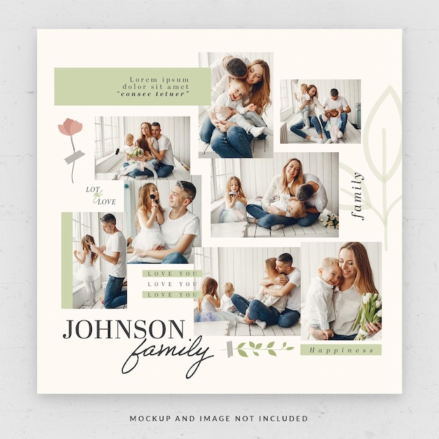 Family moment photo collage card square flyer-sjabloon in psd