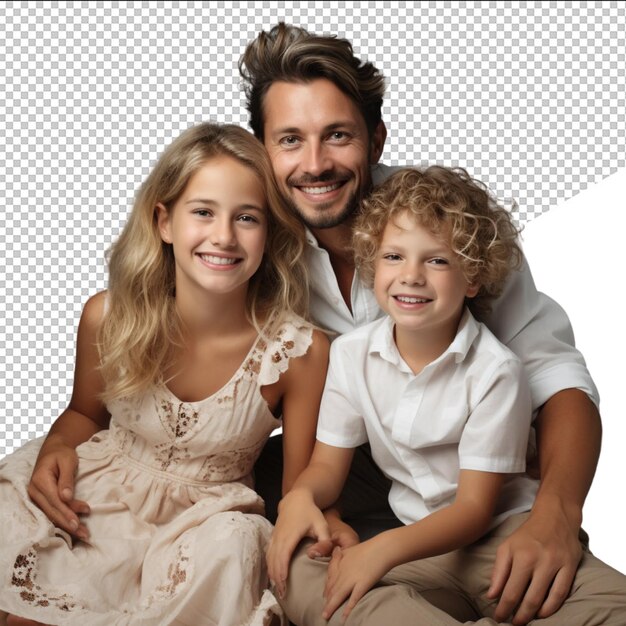 A family portrait with two children and a white background