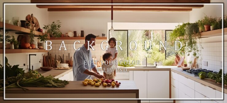 PSD a family preparing food together in a modern kitchen