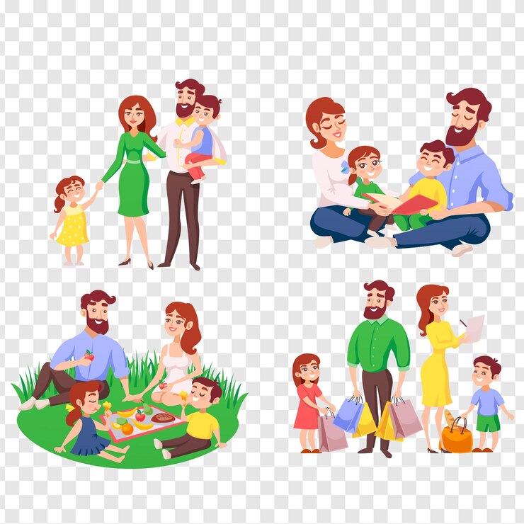 PSD family retro cartoon style izolowany na przezroczystym tle