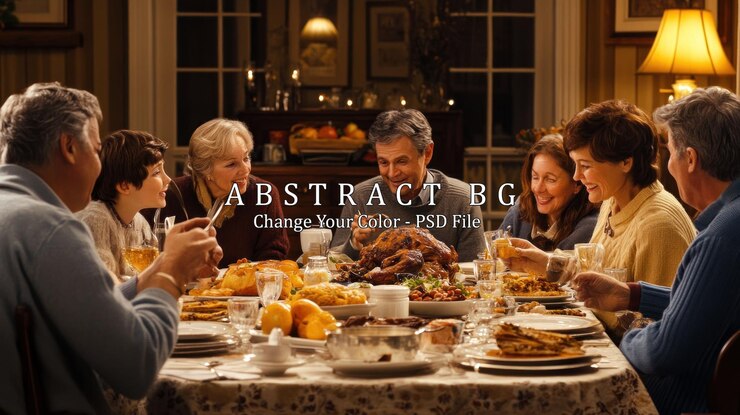 PSD a family of six gathers around a table for a festive meal enjoying each others company and the delicious food