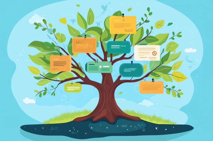 PSD family tree illustration with colorful leaves representing family members and events