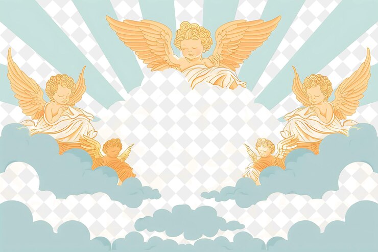 PSD 遊び心のあるケルブと金色の太陽の光のイラスト 自然の風景デザイン
