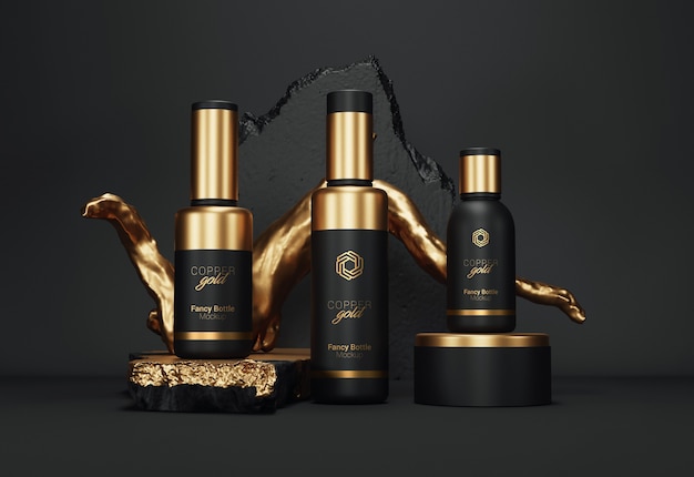 Fancy cosmetic bottle packaging mockup gold version