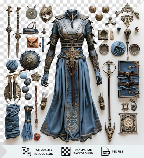 PSD costume fantasy cosplay e set di oggetti di scena con un vestito blu guanto nero e blu e palla blu visualizzato su uno sfondo trasparente con un orologio sullo sfondo png