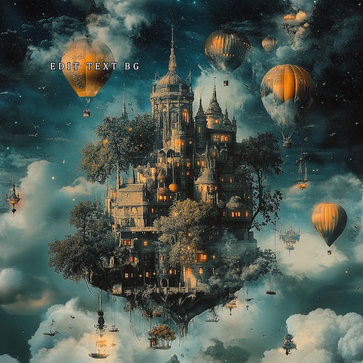 PSD fantasy floating island castle with hot air balloons and clouds at night