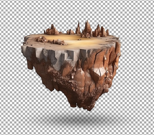 PSD fantasy floating island with concrete surface with mountains and soil section flying desert land