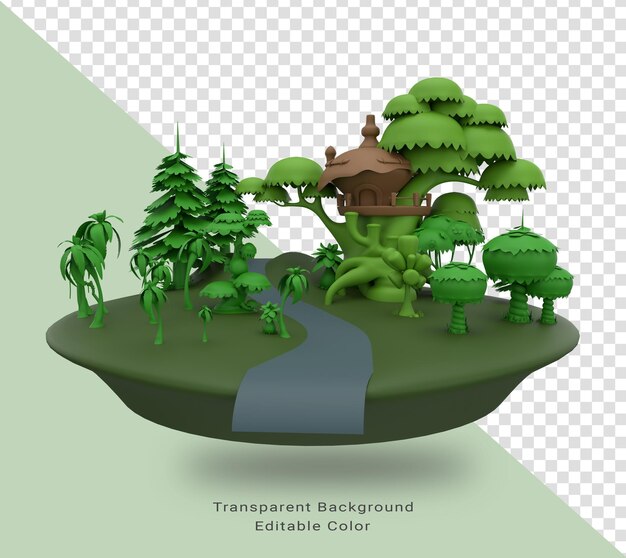 PSD Фантастический плавучий остров с горными деревьями и улицей на зеленой траве 3d иллюстрация летающей земли с красивым пейзажем