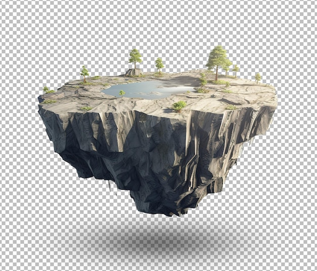 PSD fantasy floating island with rock surface isolated on white background flying rock land with trees