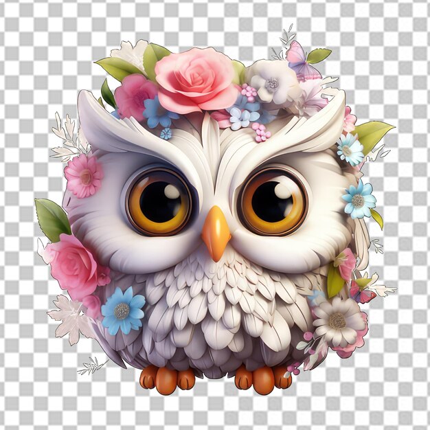 PSD fantasy flowers splash with owl with big eyes on a transparent background