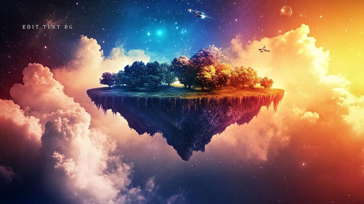 PSD fantasy island floating amidst vibrant cosmic clouds and contrasting color skies