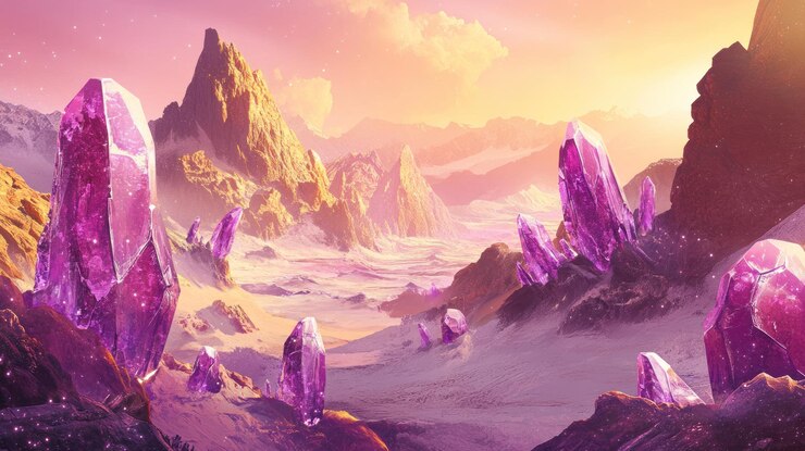 PSD fantasy landscape with purple crystals at sunset