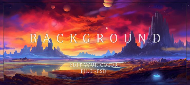 PSD fantasy landscape with red sunset and planets