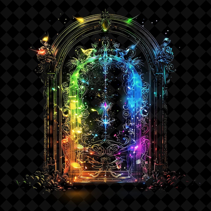 PSD fantasy realm gate with mythical creatures and magical artif png y2k shape neon color collection