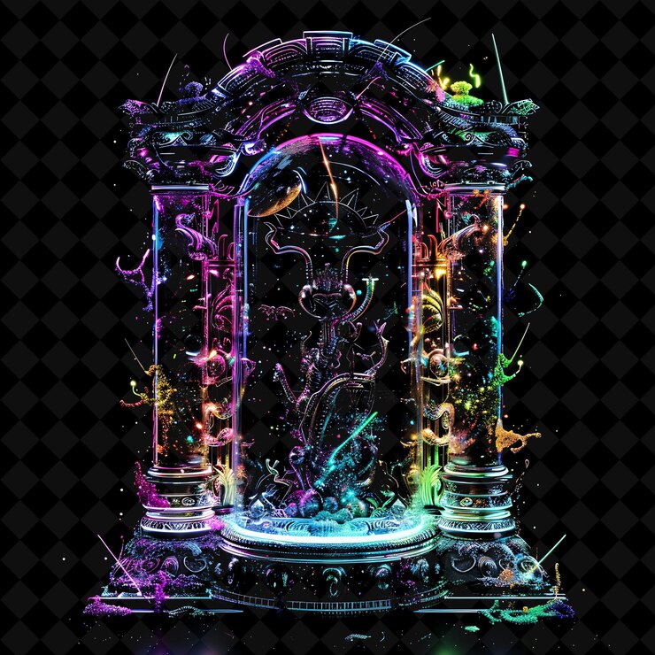 PSD fantasy realm gate with mythical creatures and magical artif png y2k shape neon color collection