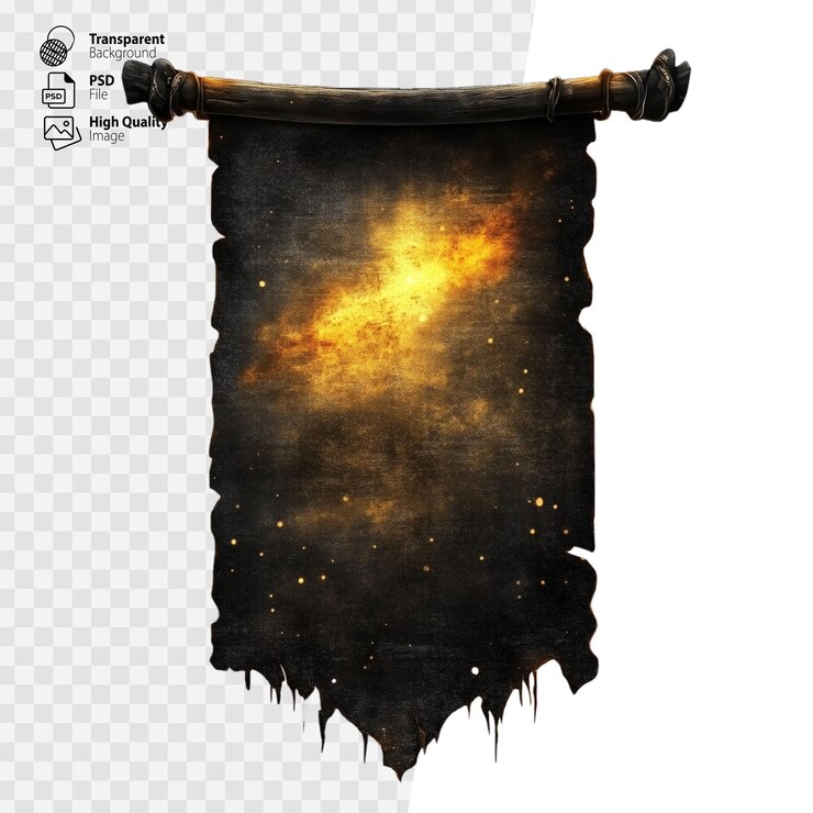 Fantasy scroll banner with cosmic illustration isolated on transparent background