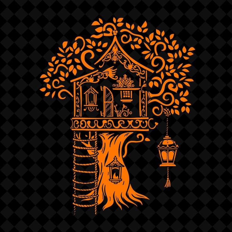 PSD fantasy treehouse logo with decorative rope ladder and lante creative plant vector designs