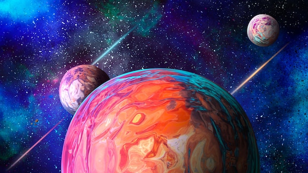fargerik planet med stjerner og planeter i bakgrunnen