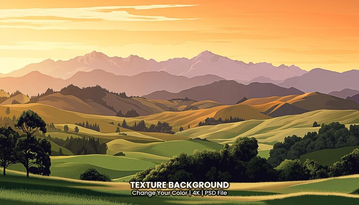 PSD farm in farmland with a field of flowers and mountains texture background